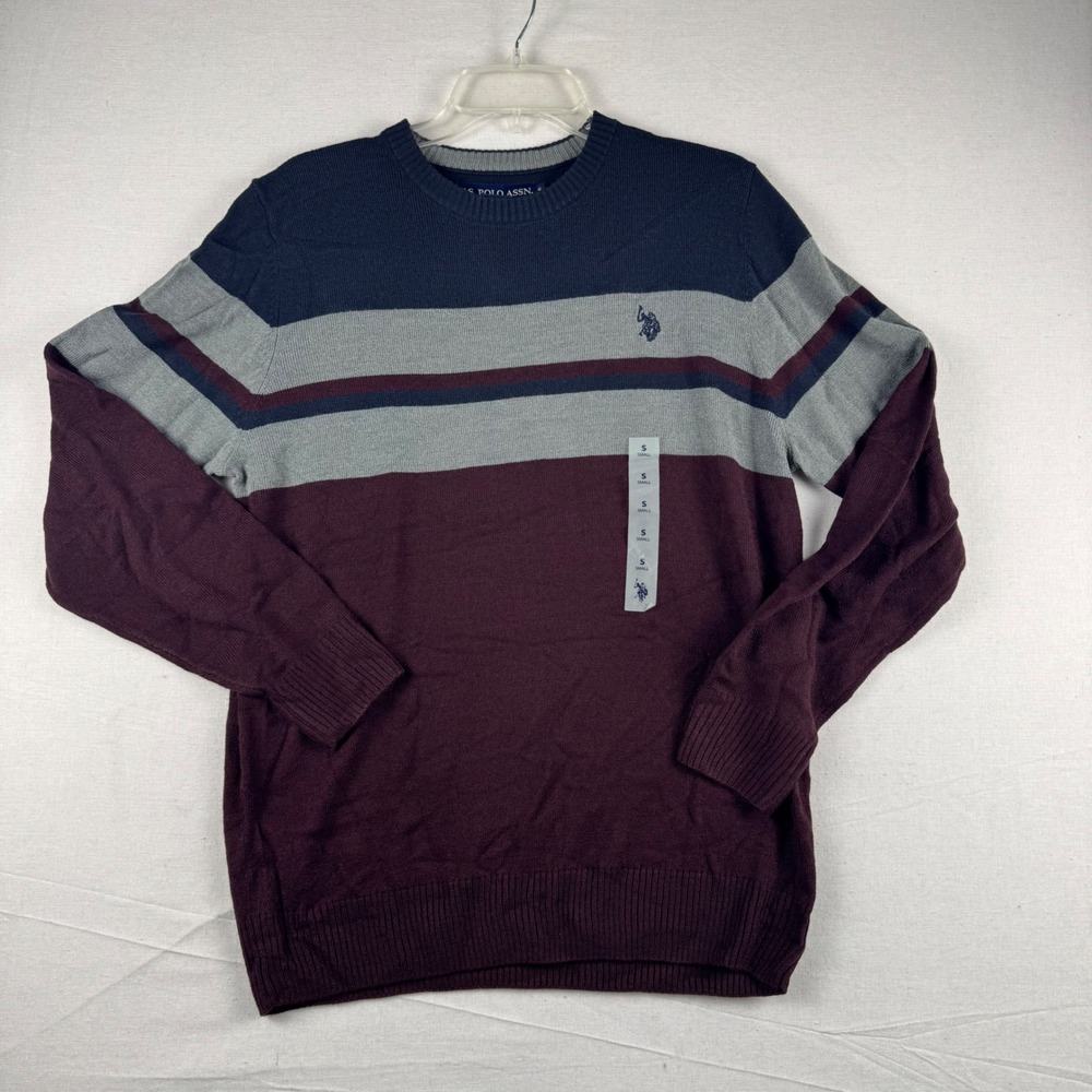US Polo Assn Mens Small Colorblock Striped Crewneck Sweater Navy Grey Burgundy